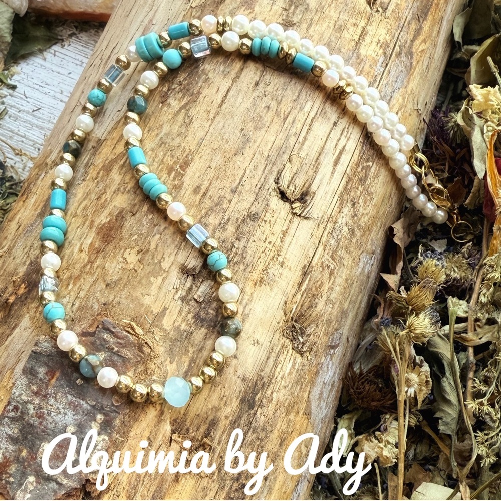 Turquoise Pearls And Gold Dainty Necklace 69$